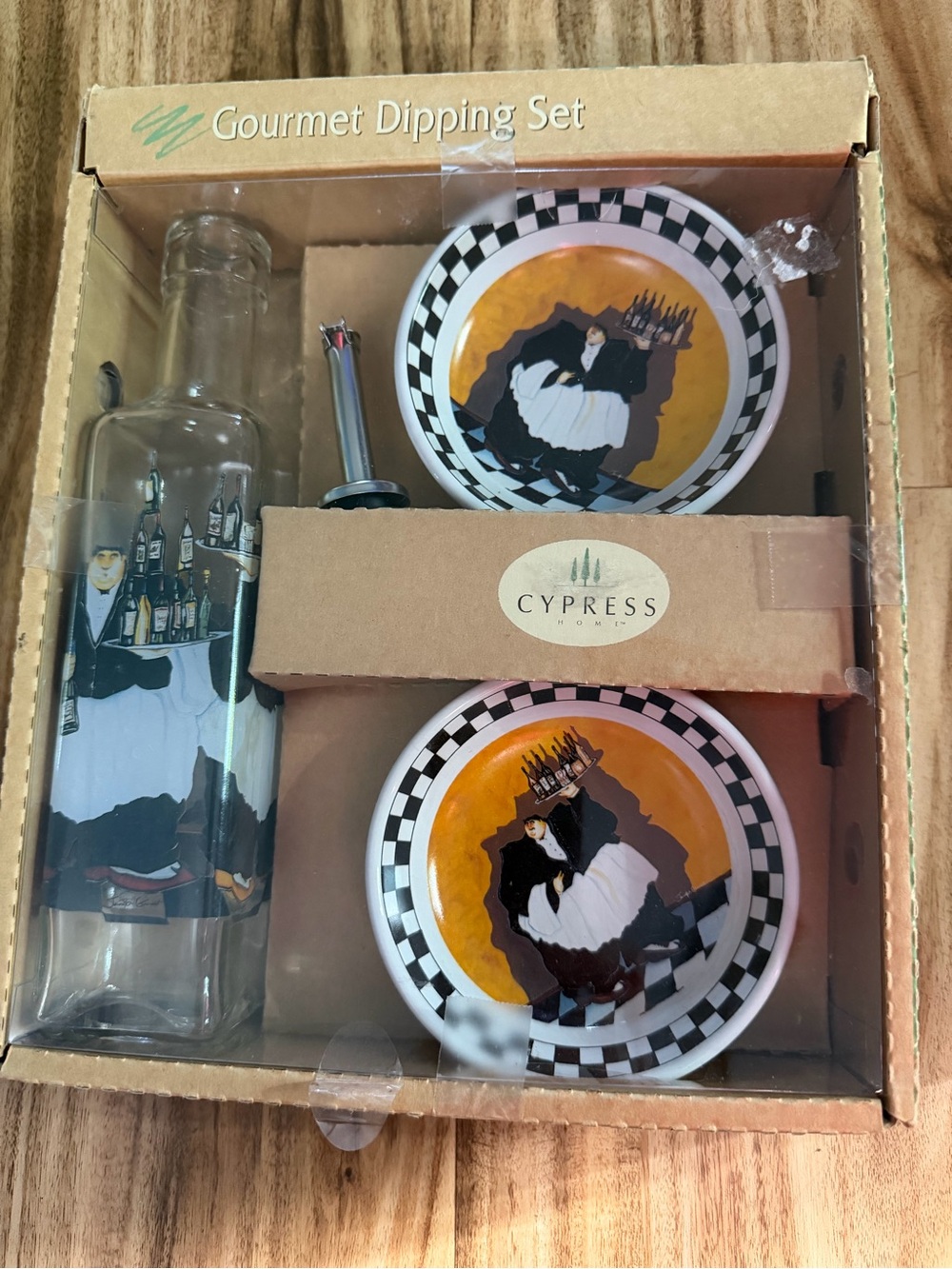 Cypress Gourmet Dipping Set - Orange/Black Ceramic Bowls & Glass Cruette Bottle